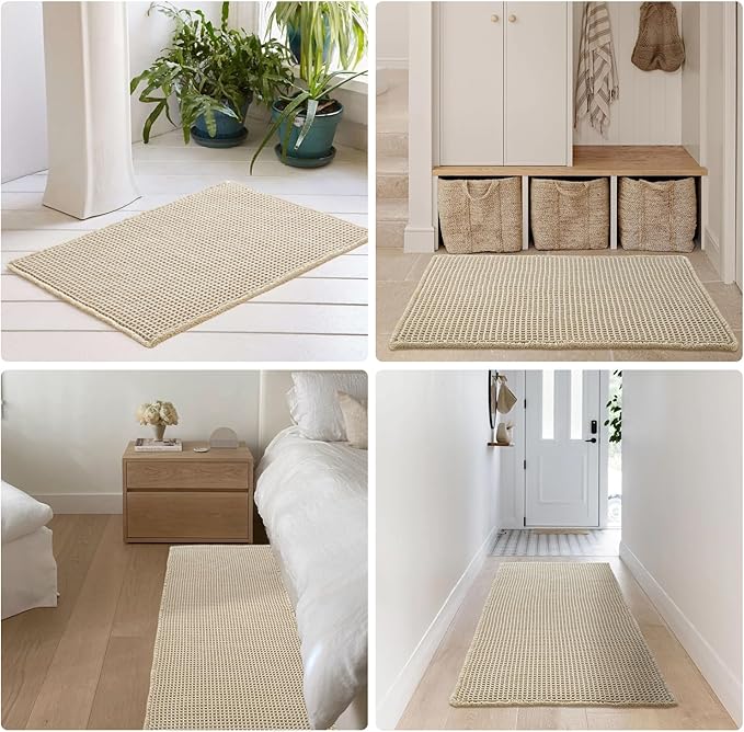 Pale Beige Bathroom Rug, Waffle Bath Mat Non Slip Washable Super Absorbent Quick Dry Boho Farmhouse Bathroom Decor, 48''x24'' / 4'x2' Pale Beige