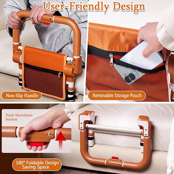 Bed Rails for Elderly Adults Safety, Adjustable Folding Bed Assist Rails for Seniors, Foldable Bed Side Rails with Non-Slip Handle and Storage Pouch, Fits King Queen Full Twin Beds