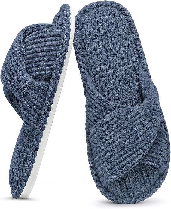 Evshine Fall House Slippers for Women Corduroy Cross Bow Indoor Slippers Open Toe Slip On Bedroom Shoes with Memory Foam