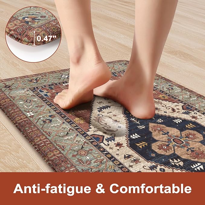 KIMODE Anti Fatigue Kitchen Mats for Floor, Red Boho Distressed Kitchen Rugs Sets of 2, Non Slip Waterproof Kitchen Floor Mats, Comfort Mats for Kitchen Floor Sink Laundry Desk 20"x59"+20"x32"