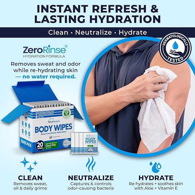 Dura Cleanse Travel Body Wipes - Everyday Clean (Instant Fresh) - 20 Count, XL 10”x10” Individually Wrapped No-Rinse Shower Wipes for Adults, Men & Women, Camping, Gym & Travel