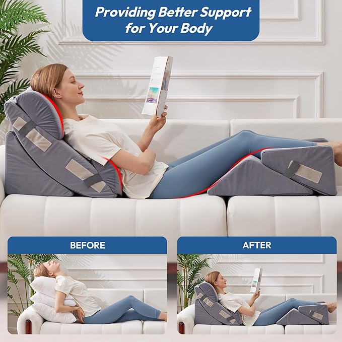 6PCS Wedge Pillow Set for After Surgery, Back Support Pillow for Bed, Bed Wedge Pillow for Post Surgery, Back Rest Pillow for Sitting in Bed, Pillow for Back Pain Relief, Plush Grey