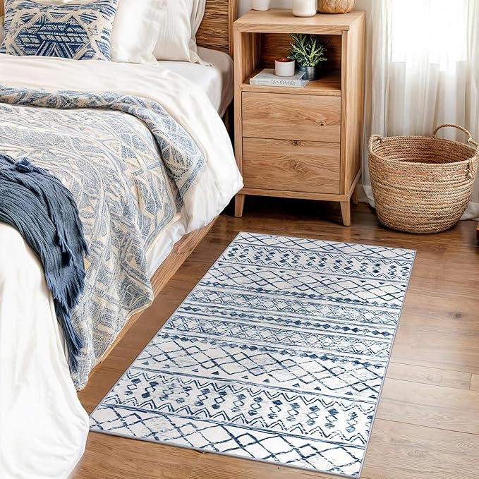KUTA Moroccan Area Rugs, 2x3 Blue White Entryway Rug Non-Slip Washable Small Indoor Door Mat, Ultra Soft Print Vintage Distressed Geometric Low-Pile Floor Carpet for Entrance Kitchen