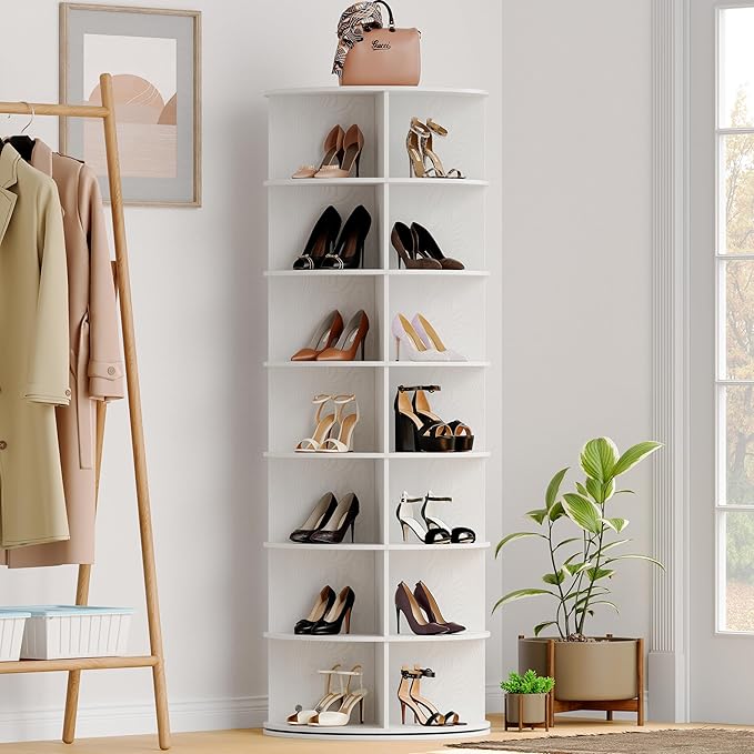 Wooden Rotating Shoe Rack, 7 Tier Spinning Shoe Rack Tower for Closet, Storage Organizer for Entryway, Bedroom, Living Room (Embossed White, 7 Tier)