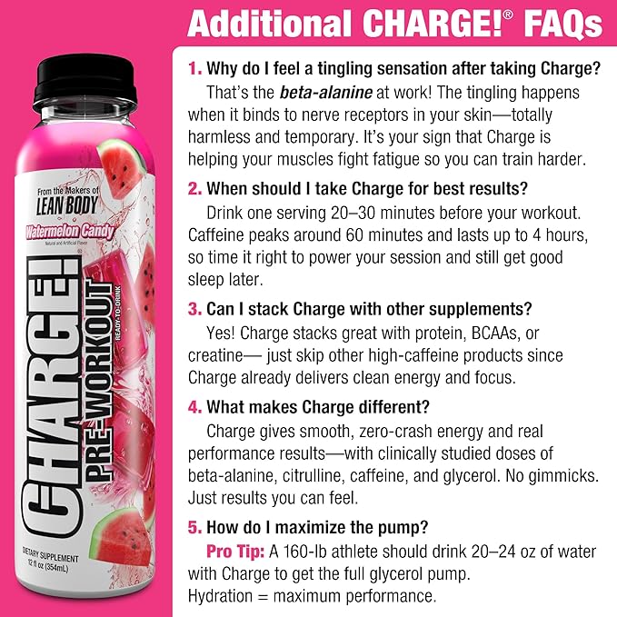 LABRADA Charge Pre Workout Watermelon Candy RTD Drink – Pump, Energy, Endurance Formula with 10g Glycerol, 6g L-Citrulline Malate, 4g Beta Alanine, 300mg Caffeine, + Total Hydration, 12 Servings