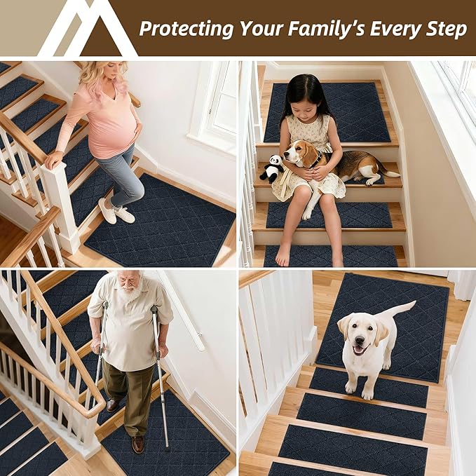 COSY HOMEER Stair Landing Rugs Non-Slip Corner Indoor Edging Stair Treads for Wooden Steps,Washable Soft Stair Landing Mat for Kids,Elder and Dogs,Polyester,TPE Backing,Navy,30x30inch