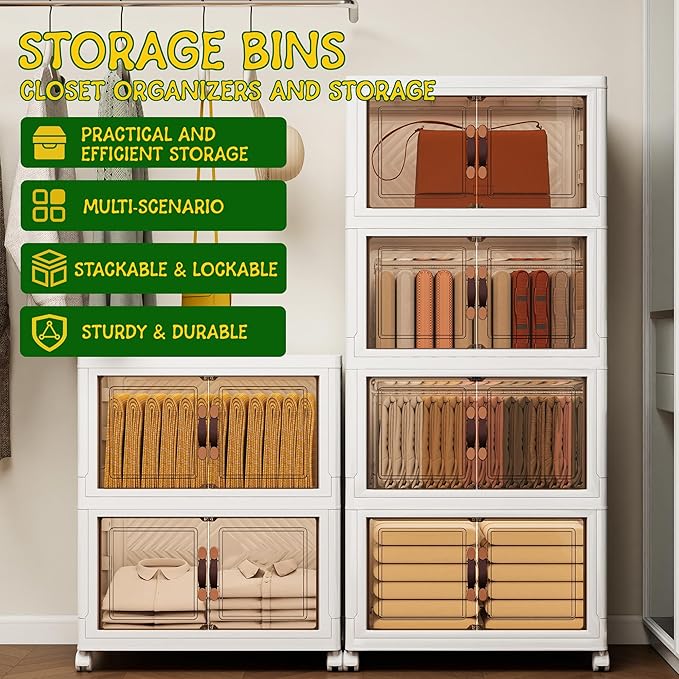 Storage Bins with 2 Lids and Wheels, 597QT-99.5QT*6Tier Collapsible Bathroom Storage Cabinet with Clear Doors, Plastic Stackable Closet Organizers and Containers White