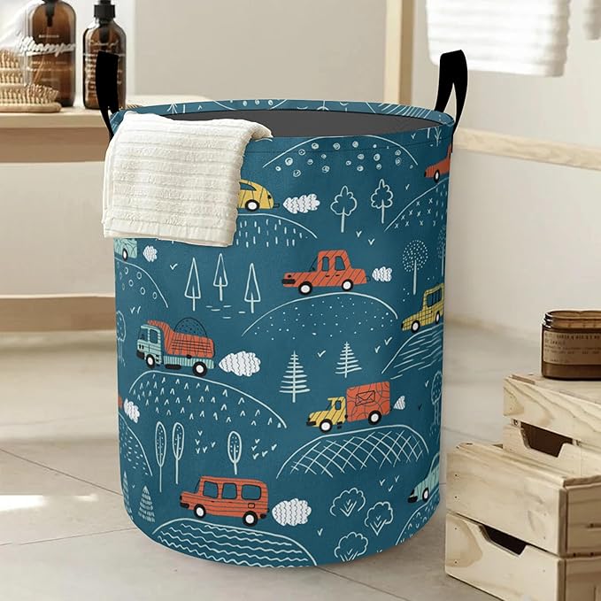 Laundry Basket-Blue Cartoon Car Foldable Waterproof Oxford Cloth Funny Tote Bag Laundry Hamper Clothes Storage Bucket Organizer For Bathroom/Laundry Storage/Bedroom Storage Basket
