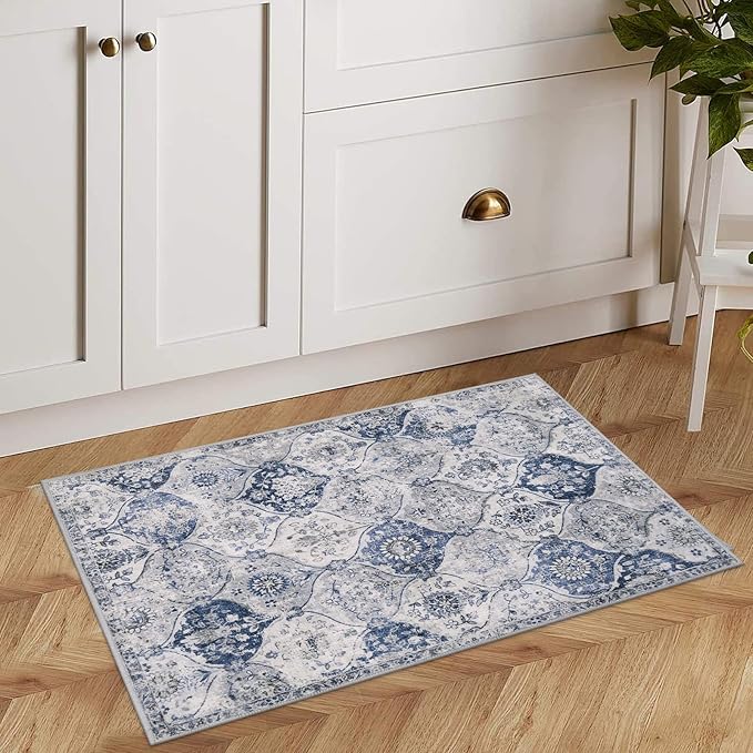 Lahome Moroccan Trellis Washable Rug, 2x3 Kitchen Rugs for Entryway Bathroom, Non-Slip Indoor Door Mat Ultra-Thin, Small Oriental Throw Carpet for Bedroom Entry, White/Royal Blue