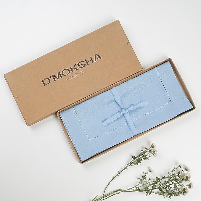 D'Moksha Homes Linen Powder Blue Table Runner 84 Inches Long - 100% Pure Linen Table Runner 14 x 84 Inch for Spring, Easter - Classic Hemstitch