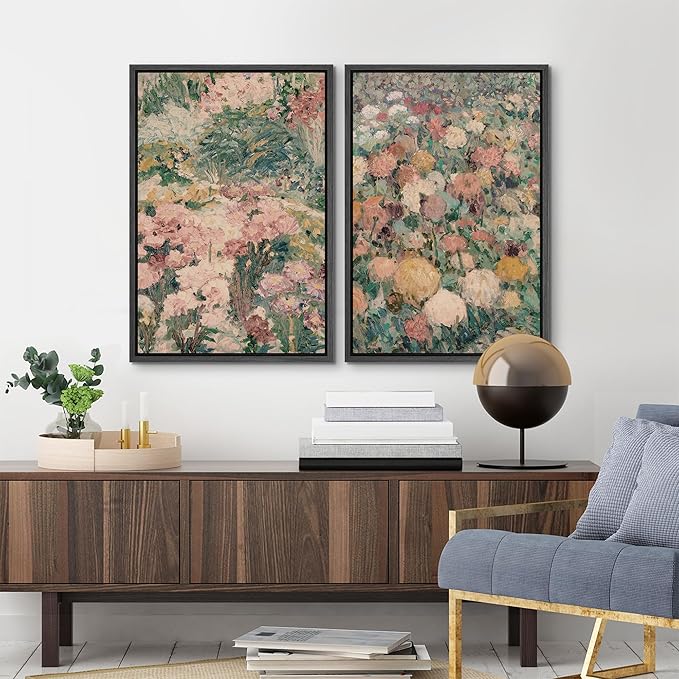 MUDECOR Framed Canvas Print Wall Art Impressionist Floral Garden Vintage Botanical Illustrations Modern Art Decorative Bohemian Colorful Chic for Living Room, Bedroom, Office - 16"x24"x2 Black