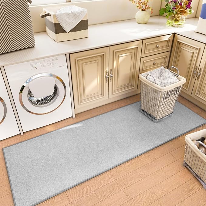 Runner Rug with Non Slip Rubber Backing, Washable Soft Floor Carpet for Kitchen, Hallway, Entryway Indoor, Bedroom, Laundry, Low Pile Area Rugs, Solid color with Pointillism style, 2*10 ft GREY