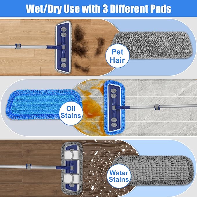 Microfiber Mops for Floor Cleaning - 3 Thickened Washable Pads - Floor Dusters for Hardwood with 55” Adjustable Handle - Wet Dry Dust Mop for Pet Hairs Walls Tile Wood Laminate Home Kitchen