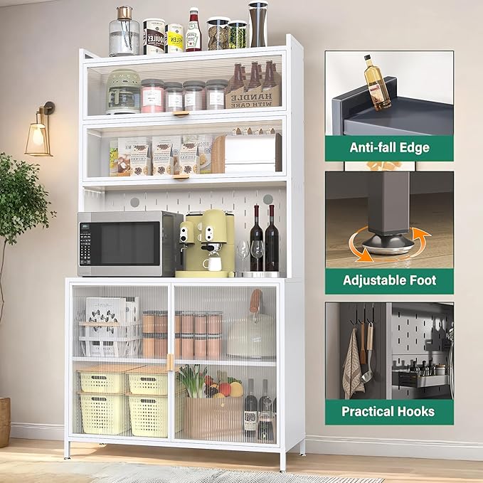 73'' Tall Kitchen Pantry Cabinet, 6 Level Flip Door with Pegboard Metal Pantry Storage Cabinet, Anti-Tip Design Hutch for Kitchen Dining Room Living Room, White