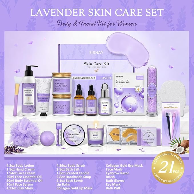 Gifts for Women, Spa Gifts Basket for Women, 21pcs Lavender Bath and Body Gift Basket, Self Care Gifts, Facial Skin Care Set, Birthday Gifts for Mom, Wife, Girlfriend, Sister