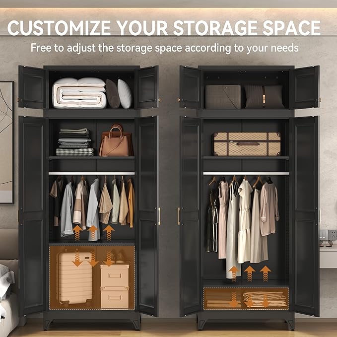 Metal Armoire Closet, 86 Inch Tall Wardrobe Armoire with Hanging Rod, Wardrobe Closet for Clothes with Doors, 18" D x 32" W x 86" H,Black, Assemble Required, Shipped in Two Packages