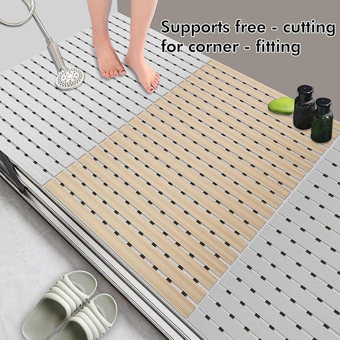 Non Slip Large Shower Mat(35.4"*23.6"),Non Suction Cups Shower Mats for Inside/Outside Shower, Heavy Duty Rubber Walk in Shower Mat for Elderly (White)