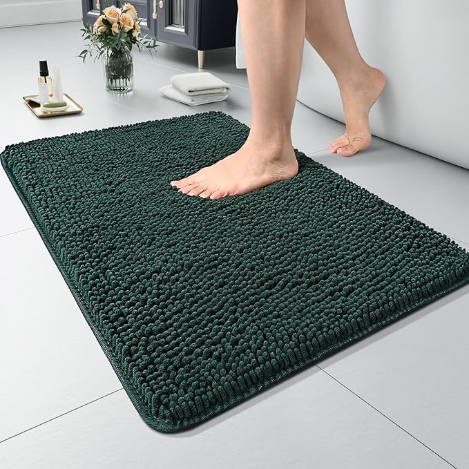 LOCHAS Luxury Bathroom Rug Shaggy Bath Mat 20 x 30 Inch, Washable Non Slip Bath Rugs for Bathroom Shower, Soft Plush Chenille Absorbent Carpets Mats, Hunter Green