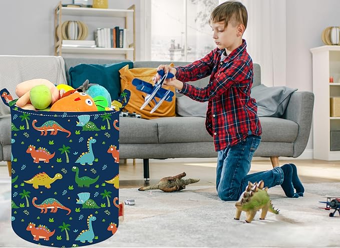 19.7 Inch Round Dinosaur Laundry Clothes Hamper Laundry Basket with Handles,Storage Organizer Bins Laundry Gift Basket for Room, Bedroom Decor