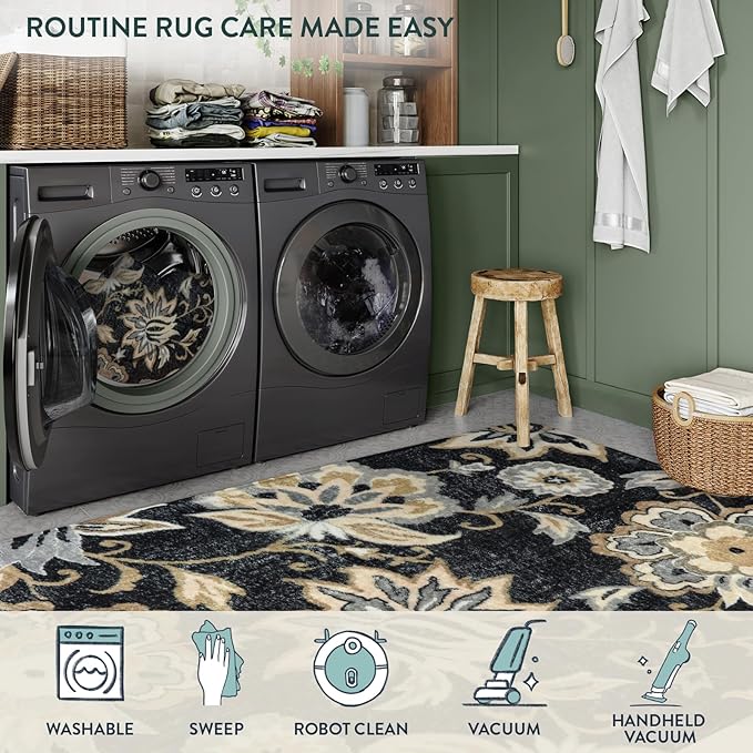 Lahome Floral Black Round Rug - 4Ft Washable Non-Slip Small Round Area Rug Throw Soft Stain Resistant Sofa Living Room Rugs, Paisley Print Accent Distressed Round Carpet for Bedroom Entryway Kitchen