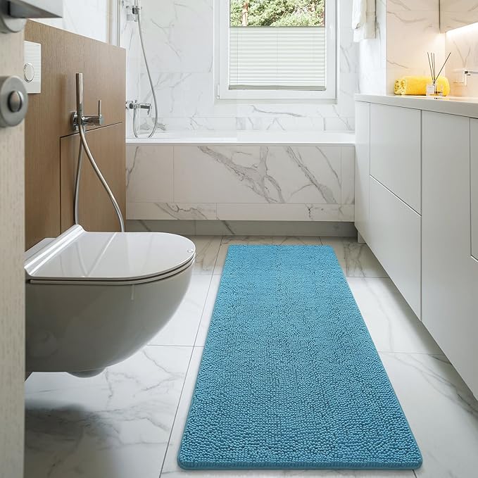 LOCHAS Luxury Bathroom Rug Shaggy Bath Mat 24 x 60 Inch, Washable Non Slip Bath Rugs for Bathroom Shower, Soft Plush Chenille Absorbent Carpets Mats, Light Blue