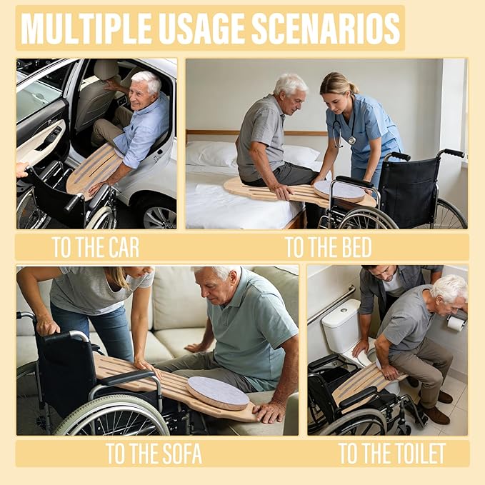 Wood Arc-Shaped Slide Transfer Board,Patient/Seniors Move Assist Device,Transfer to Wheelchair/Car/Toilet/Tub/Slide Sheet,with Soft Seat,Holds up to 500 Pounds,2 Cut Out Handles,35.5 * 13.4”