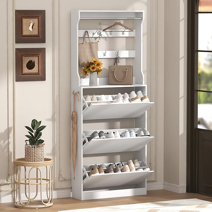 Tall Shoe Cabinet with Coat Rack, Hidden Shoe Storage Cabinet with Doors & Drawer, Hanging Bar & Hooks, Slim Narrow Freestanding Shoe Rack Organizer for Entryway, Hallway & Living Room, White