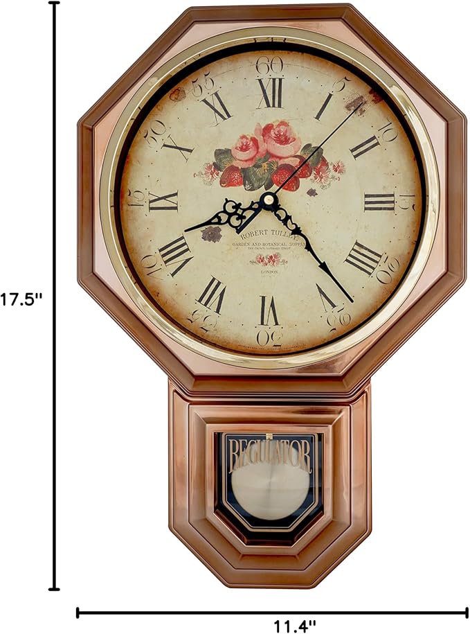 JUSTIME Traditional Schoolhouse Classic Vintage Rose Regulator Wall Clock, Chiming Wall Clocks with Pendulum & Westminster Chime Hourly, Schoolhouse Wall Decor Battery Operated (Vintage Copper)