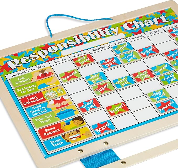 Melissa & Doug Magnetic Wooden Responsibility Chart Toddler Routine, Kids Reward Board, Chores Chart, Responsibility Tool for Kids Ages 3+