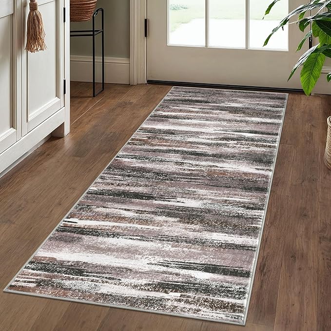 Modern Abstract Runner Rug 2x5, Dark Light Brown White Washable Kitchen Runner Entryway Rug Mat Non-Slip Soft Hallway Rug Runner Thin Print Faux Wool Carpet for Bedroom Laundry Room Indoor