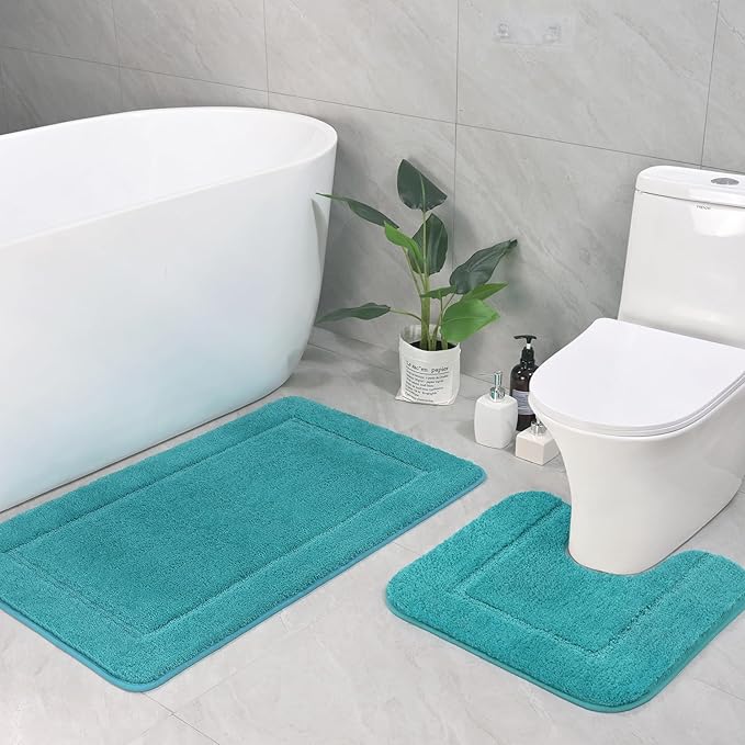LOCHAS Bathroom Rug Set Teal Blue, Soft Bath Rug Set 2 Piece, Toilet Mat U-Shaped 20x20 and 34x20 Bath Rugs, Quickly Dry Mats for Bathroom, Tub, Washable, Super Absorbent Floor Mat