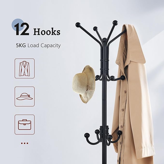 FAVOOSTY Coat Rack Freestanding,Coat Rack Stand with Umbrella Holder,Metal Coat Tree with 12 Hooks,Tree Clothes Hat for Entryway, Hallway, Bedroom, Living Room & Office -Black