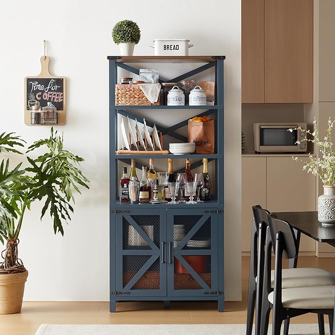 5 Tier Bookshelf 70" Tall Bookcase with Barn Doors,Large Farmhouse Display Book Shelf with Adjustable Shelves and Storage Cabinet，Library Wood Bookshelves for Living Room,Kitchen,Navy Blue