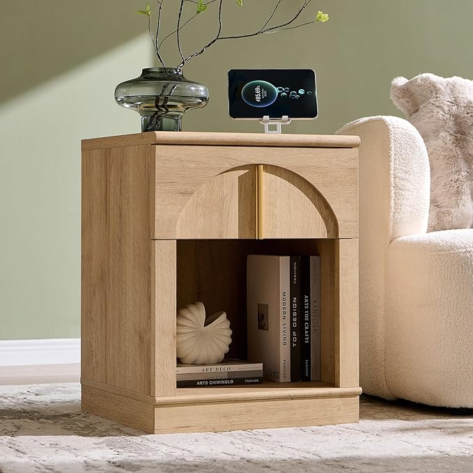 ACCOHOHO Modern Night Stand Set 2 with Arched Panel,18" Wooden nightstand with Charging Station,Bedside Table with Drawer Storage,Side End Table with Open Shelf for Bedroom,Living Room,Natural Oak