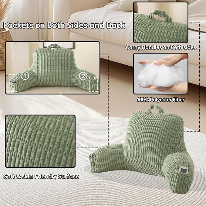 Reading Pillow for Sitting in Bed, Large Backrest Reading Pillow with Arm Rest,Back-Rest Support Cushion for Sit Up on Couch, Sofa, and Floor, Dorm Essentials (Green Corduroy, Large(19"))