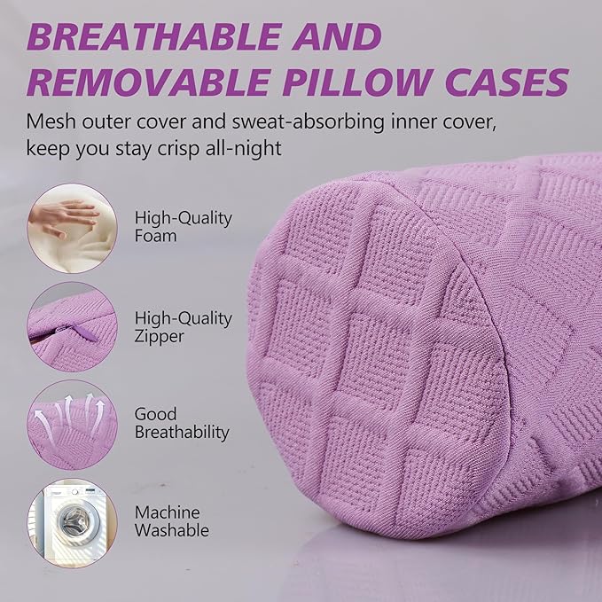 Cozyhealth Cervical Roll Pillow, Medium Soft Memory Foam Neck Round Pillow Cylinder Bolster Pillow for Sleeping, Round Neck Support for Bed, Legs, Back and Yoga (Purple, Medium - 3.9" H)