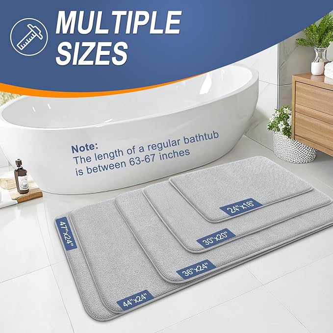 OLANLY Thick Memory Foam Bath Mat Rug 59x20, Extra Soft Absorbent Bathroom Rug, Quick Dry Bath Mats, Non-Slip, Machine Washable Carpet for Bathroom, Tub and Shower, Home Decor Accessories, Light Grey