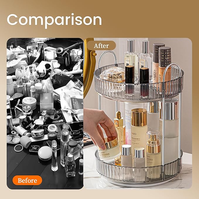 Aveniee 360 Rotating Makeup Organizer for Vanity, Skincare Perfume Organizers Large, Bathroom Countertop Organizer and Storage, Clear Cosmetics Lipstick Holder for Dresser,2 Tiers, Grey