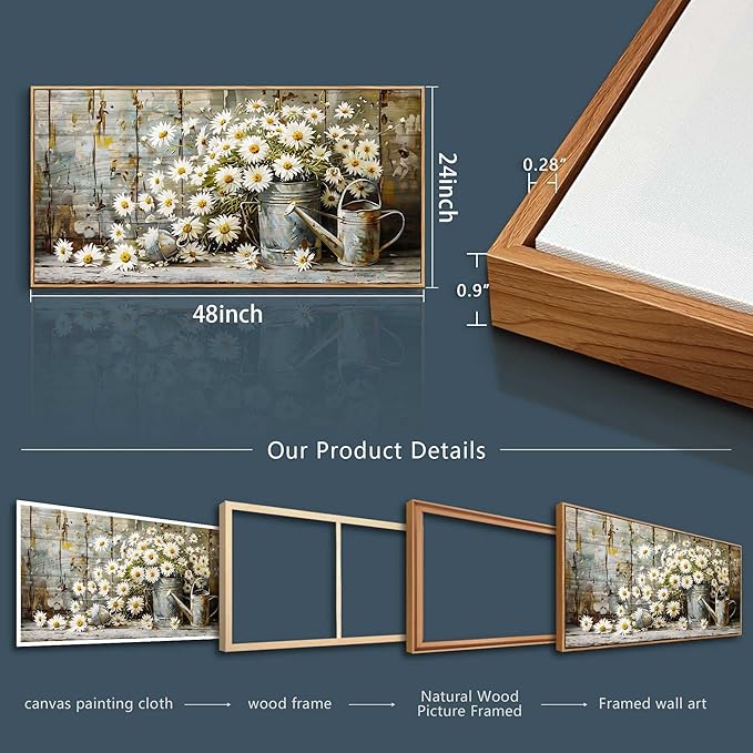 PHAOHUAXM Large Canvas Wall Art For Living Room Wall Decoration Printing Artwork Retro White Flower Dining Room Bedroom Bathroom Kitchen Wall Painting Home Decoration Wood Frame Aesthetics 24x48 In