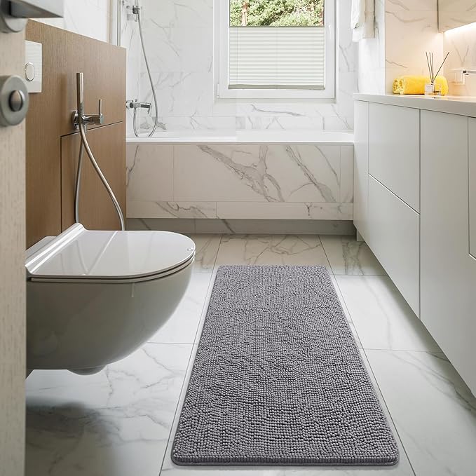 LOCHAS Luxury Bathroom Rug Shaggy Bath Mat 48 x 17 Inch, Washable Non Slip Bath Rugs for Bathroom Shower, Soft Plush Chenille Absorbent Carpets Mats, Gray