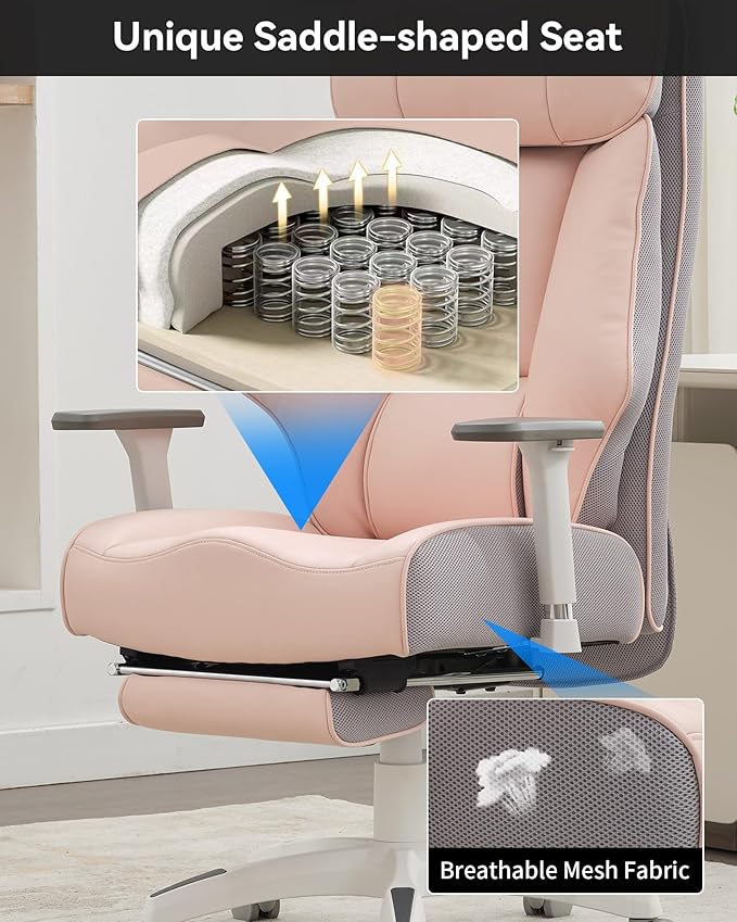 DJ·Wang Big and Tall Office Chair 400lbs with Foot Rest, High Back Executive Office Chair with Extra-Thick Spring Cushion, Ergonomic Leather Chairs Pink