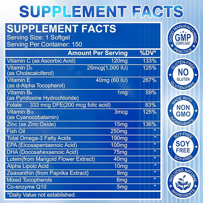 Lutein and Zeaxanthin Supplement - Eye Vitamins, 40 mg Lutein & 8 mg Zeaxanthin with Vitamins C, E, Zinc, Omega-3 & CoQ10 for Blue Light Protection, Eye Health Support  - 150 Softgels