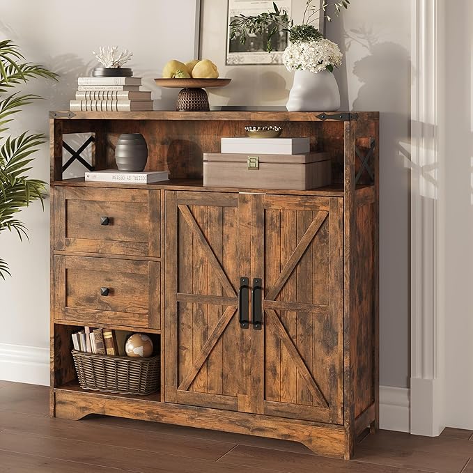 Fameill Farmhouse Storage Cabinet with Drawers and Open Storage,Freestanding Kitchen Pantry with 2 Barn Doors, Floor Cabinet with Adjustable Shelf for Living Room,Brown