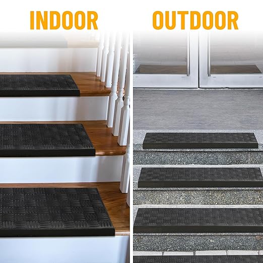 Ottomanson All-Weather Bullnose Rubber Stair Treads – Non-Slip Step Mats for Wooden, Concrete, or Outdoor Stairs, Easy Maintenance, Tool-Free Placement, Pack of 5, 10" x 30", Black Ribbed Squares