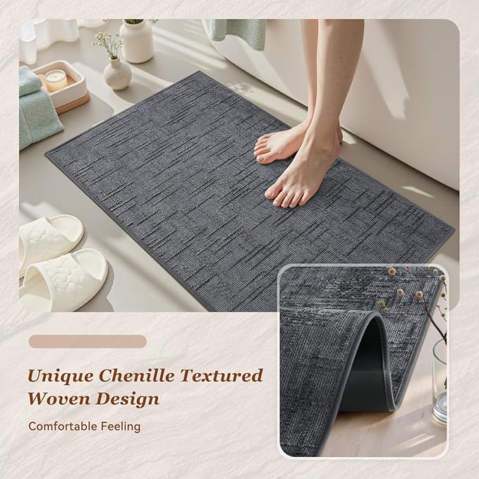 AMOAMI Bath Mat Non Slip Super Absorbent Quick Dry Bath Mats for Bathroom Floor Rubber Backing Washable Bathroom Rugs Modern Woven Jacquard Mat, Beside Tub Bath Rugs, 20" x 32", Darkgrey