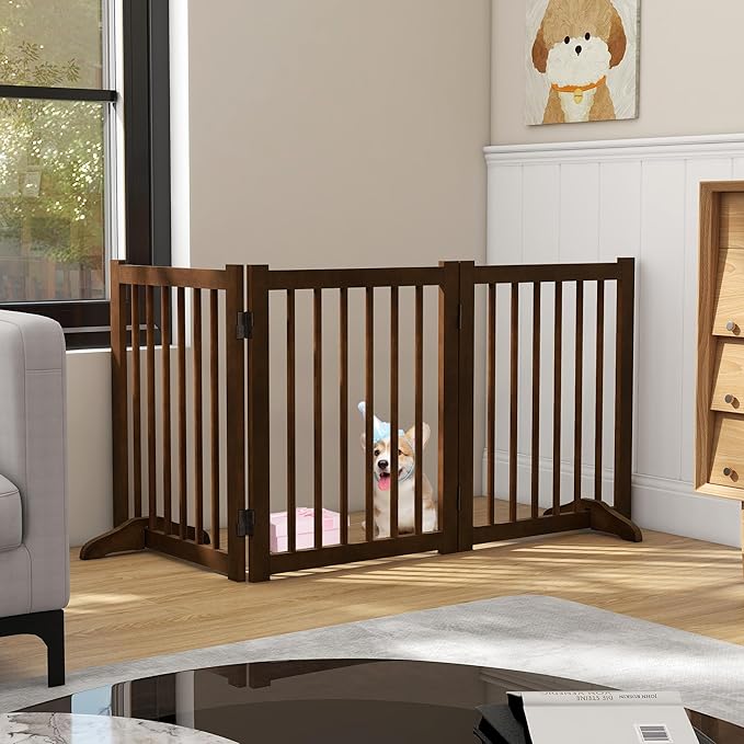 Indoor Dog Gate,Wooden Freestanding Dog Gate for Stairs or Doorways-3 Panels 24" - Folding Solid Wood Safety Pet Fence with 2 Support Feet-Walnut Color