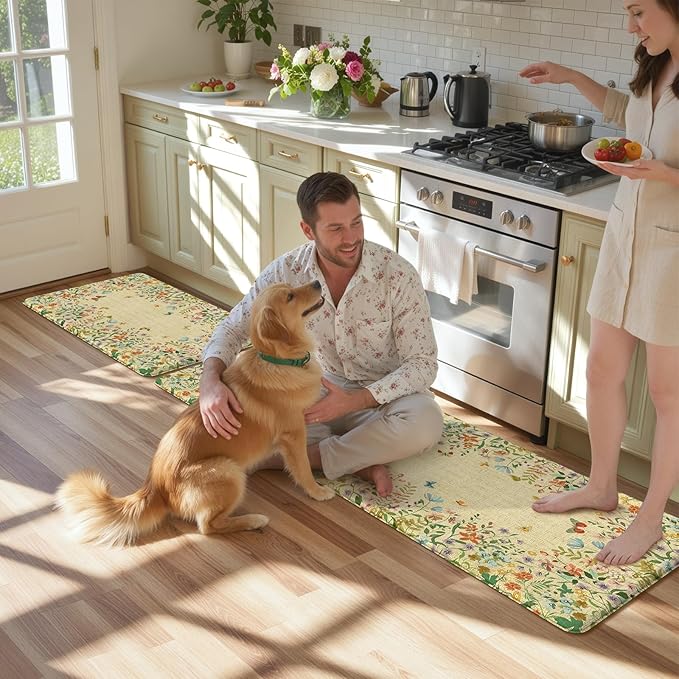 KIMODE Anti Fatigue Kitchen Mats for Floor 20"x59"+20"x32", Cushioned Farmhouse Kitchen Rugs, Non Slip Waterproof Kitchen Floor Mats, Comfort Standing Mats for Laundry Office Sink Desk Brown