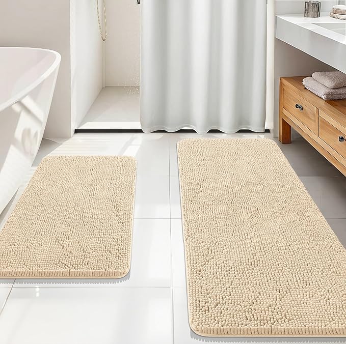 OLANLY Bathroom Rugs Sets 2 Piece, Soft Absorbent Chenille Bath Mats Area Rug Set, Non-Slip, Quick Dry, Machine Washable Bath Mats for Bathroom, Home Decor Accessories (59"x20"+30"x20", Beige)