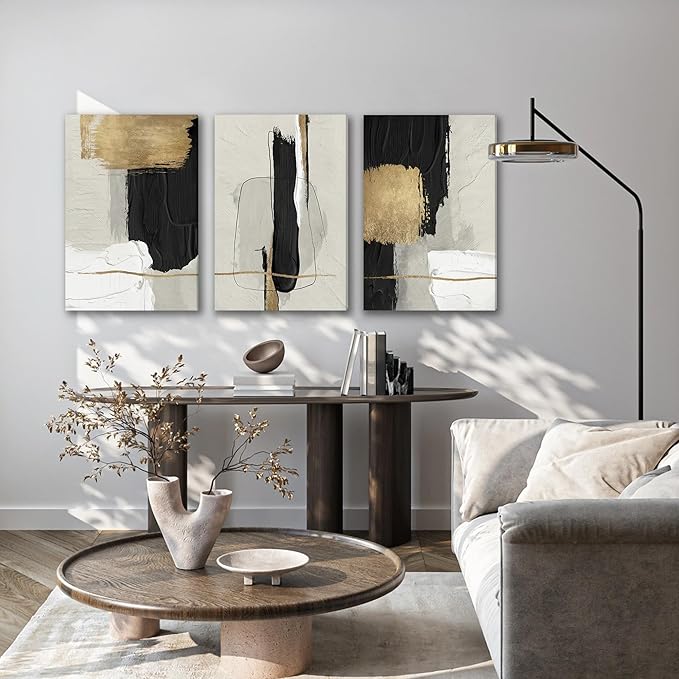 DUWQU 3 Piece Black and Gold Abstract Canvas Wall Art, Modern Black Gold and White Wall Decor, Minimalist Grey Beige Block Art Prints for Living Room Bedroom Office Home Decorations 16×24x3 Inch
