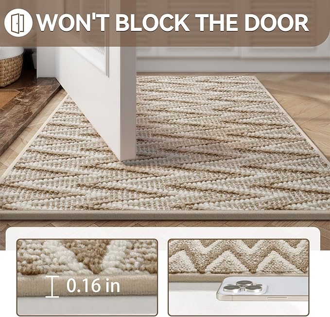 Indoor Door Mat 17x30, Dirt Resistant & Absorbent Doormat for Entryway Inside, Non-Slip Rubber Backing Front Door Mat Indoor Entrance, Low-Profile, Washable, Brown
